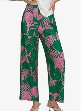 Mango Green and Pink Tropical Wide-Leg Pants